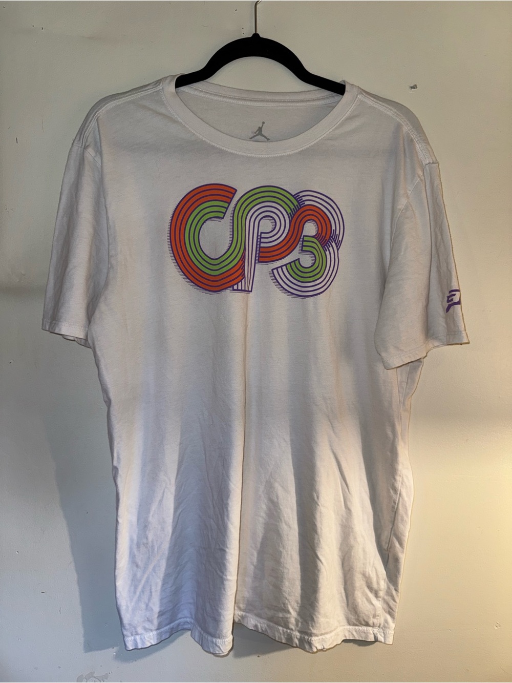 Jordan White T-Shirt with Multicolor CPS Graphic (Green, Red, Purple)